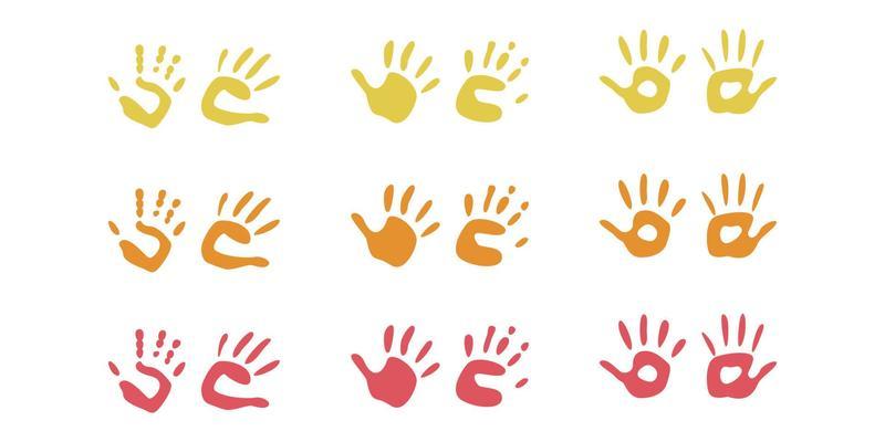 Flat vector painting tools in childish style. Hand drawn hand print, palm silhouette