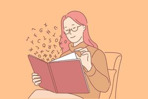 leyendo mujer, aprendizaje y ocio, conocimiento concepto vector