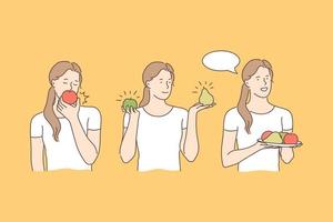 Eating fruits, fruitarianism concept vector