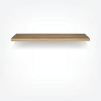 Empty wood shelf on white background with soft shadow. 3D empty wooden shelves on white wall. Vector illustration.