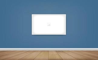 Empty photo frame or picture frame background in room space area with blue wall background and wooden floor. Vector idea for room design and interior decoration.