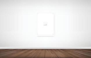 Empty photo frame or picture frame background in room space area with white wall background and wooden floor. Vector idea for room design and interior decoration.