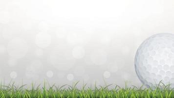 Golf ball on green grass field with light blurred bokeh background. Vector illustration.
