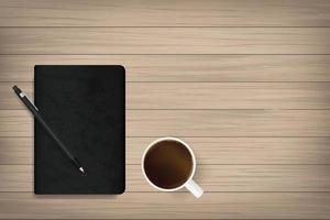 Notebook with black cover texture and coffee cup on wood background. Vector. vector
