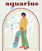 Young handsome man full-height portrait. The guy with black hair, holding skate board. Astrological sign Aquarius. A concept of zodiac sign. vector