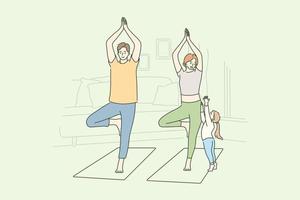 familia, yoga, deporte, recreación, maternidad, paternidad, infancia concepto vector