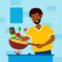 Young cheerful african-american man cooks at home in the kitchen. The guy salts food in a wok pan. Husband's household chores. Concept for stay-at-home dad doing domestic chores. Vector illustration