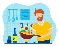 Man cooks at home in the kitchen. The guy salts food in a skillet. Husband's household chores. Concept for stay-at-home dad doing domestic chores. Flat vector illustration in cartoon style