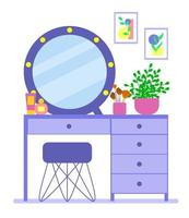 Dressing table with mirror with light bulbs, chair and cosmetic product. Cosmetic table with flat style makeup accessories. Vector illustration