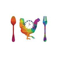 chicken and spoon vector logo design template. food and clock icon.