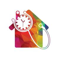 Home clock and stethoscope vector logo design template. Time management icon.