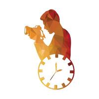 Photographer with camera and clock icon. Flat color design. Vector illustration.