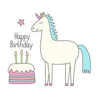 saludo tarjeta con un linda unicornio y un pastel con velas mano dibujado vistoso vector ilustración y contento cumpleaños letras. hada animal. garabatear estilo.