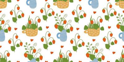 Vector seamless pattern with  mugs and strawberries on white background. Great for linens, wallpapers, covers.