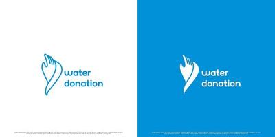 Water donation logo design illustration. Creative silhouette combination of hand and flowing water drop droplet splash. Simple flat modern pure clean water environmental care design. vector