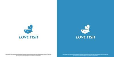 Fish love logo design illustration. Creative silhouette of animal symbol combination fish love heart modern. Marine biota animal simple flat design. Suitable for fish market app web business icon. vector