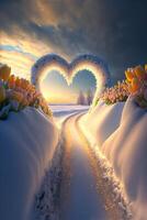 heart shaped archway in the middle of a snow covered field. . photo