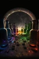 group of glass bottles sitting on top of a table. . photo