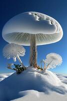 group of mushrooms sitting on top of a snow covered hill. . photo