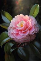 close up of a pink flower with green leaves. . photo