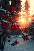 arbusto lleno de rojo rosas cubierto en nieve. generativo ai. foto