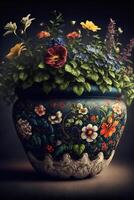 close up of a vase with flowers in it. . photo