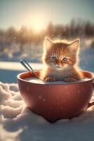 cat that is sitting in a bowl in the snow. . photo