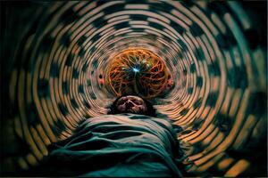 man laying on top of a bed in a tunnel. . photo