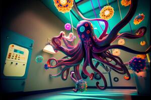 an octopus hanging from a ceiling in a room. . photo