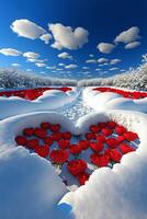 heart made out of red roses in the snow. . photo