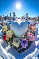 corazón conformado arreglo de flores en el nieve. generativo ai. foto