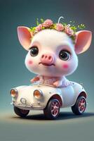 dibujos animados cerdo conducción un coche con un flor corona en sus cabeza. generativo ai. foto