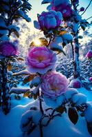 bunch of pink flowers covered in snow. . photo