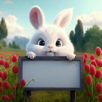 white rabbit holding a sign in a field of flowers. . photo