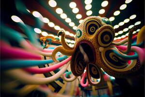 close up of a toy octopus with lights in the background. . photo