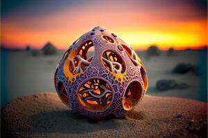 purple ball sitting on top of a sandy beach. . photo