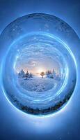 circular picture of a person standing in the middle of a snow covered field. . photo
