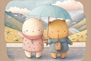 couple of bears standing next to each other under an umbrella. . photo