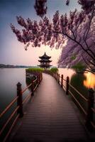 bridge over a body of water with a pagoda in the background. . photo