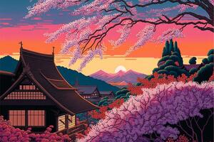 painting of a japanese village with a mountain in the background. . photo