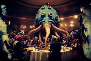 group of people standing around a table with an elephant head on its head. . photo