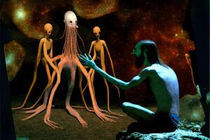 hombre arrodillado en frente de un grupo de extraterrestre. generativo ai. foto
