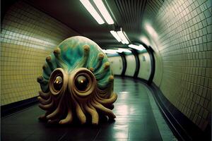 estatua de un pulpo en un subterraneo estación. generativo ai. foto