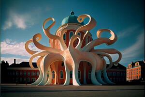 building with an octopus statue in front of it. . photo
