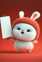 cartoon bunny holding a sign on a red background. . photo
