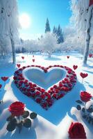 corazón hecho fuera de rosas en el nieve. generativo ai. foto