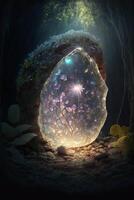 crystal ball sitting in the middle of a cave. . photo