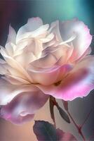 close up of a white rose with pink petals. . photo