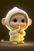 close up of a cartoon monkey holding a string. . photo