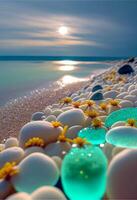 manojo de rocas sentado en parte superior de un playa siguiente a el océano. generativo ai. foto